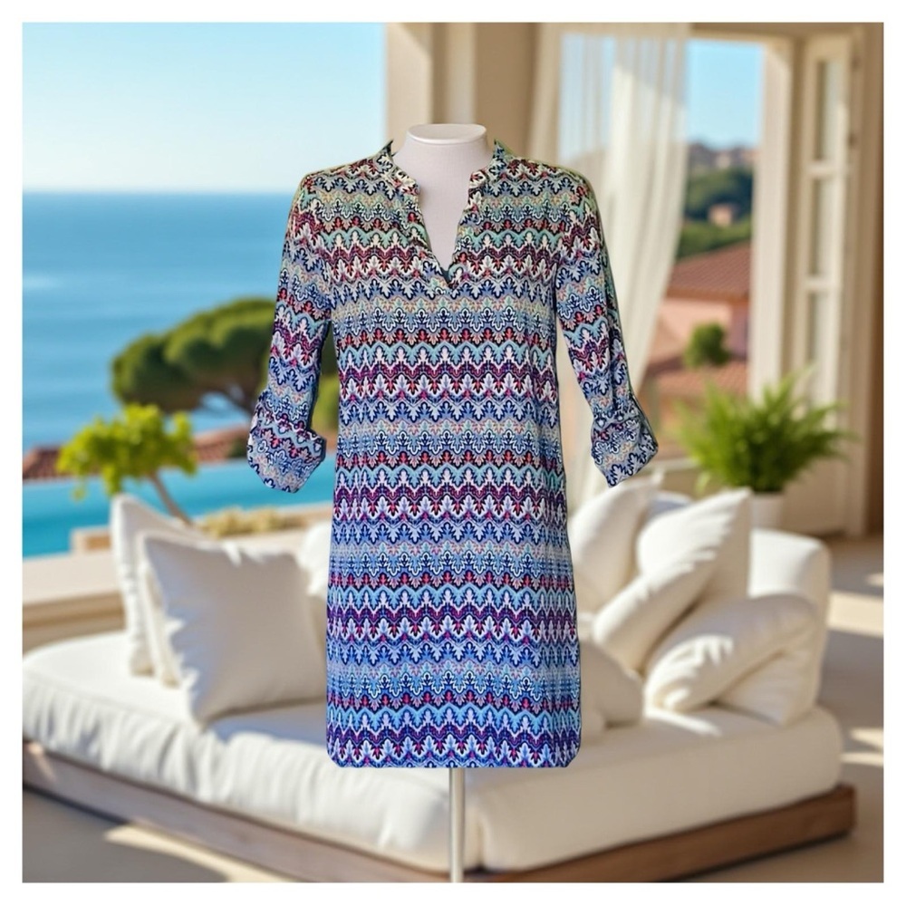 Colorful Chevron Geometric Print Tunic Shift Shirt Dress Vacation Pool